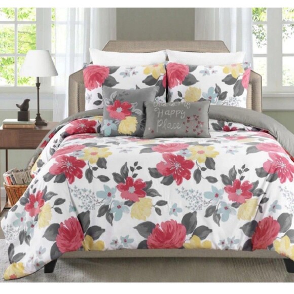 Gwenevere King Comforter Set Floral Multicolor Flower 3 Shams 2 Accent Pillows - Picture 1 of 8